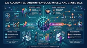 An infographic outlining a B2B account expansion strategy, contrasting upsell and cross-sell motions alongside key trigger points, revenue growth metrics, and time zone management considerations for distributed client success teams.