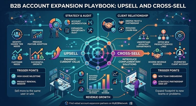 An infographic outlining a B2B account expansion strategy, contrasting upsell and cross-sell motions alongside key trigger points, revenue growth metrics, and time zone management considerations for distributed client success teams.