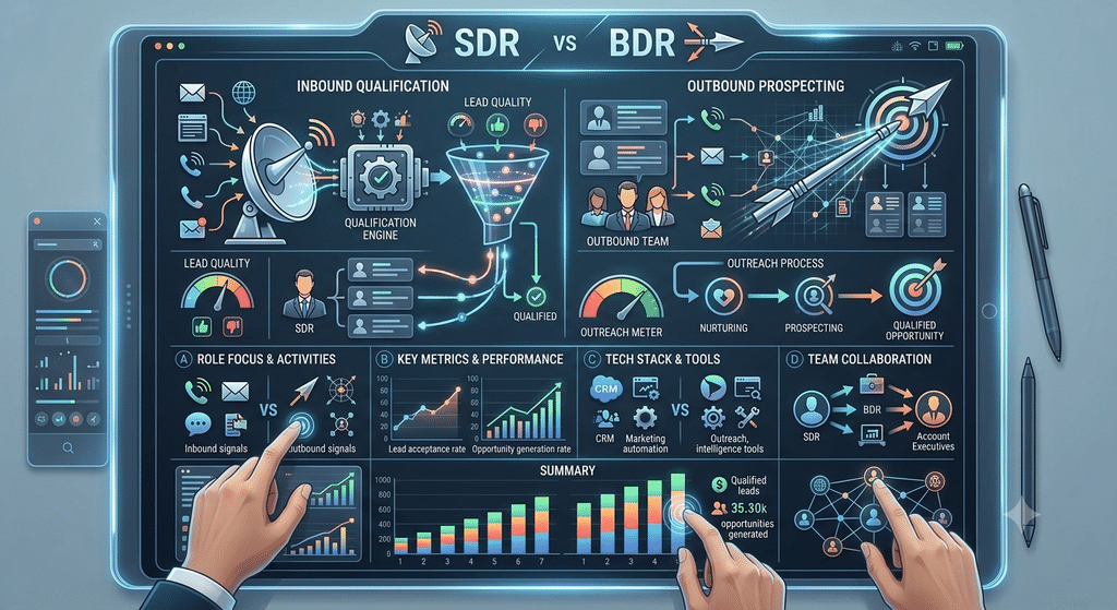 SDR vs BDR comparison showing inbound qualification and outbound prospecting roles