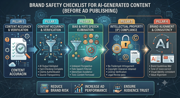 Checklist illustrating brand safety for AI-generated content before publishing ads
