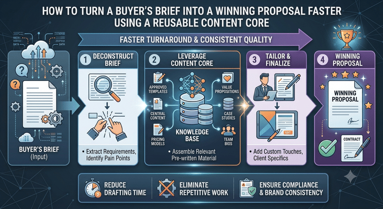 Diagram showing how to turn a buyer's brief into a winning proposal faster using a reusable content core