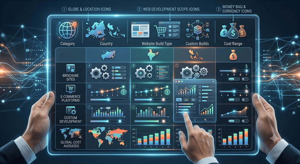 Website development outsourcing cost table by country and scope for brochure, e-commerce and custom builds
