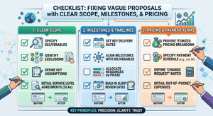 Checklist showing how to fix vague proposals with clear scope, milestones, and pricing