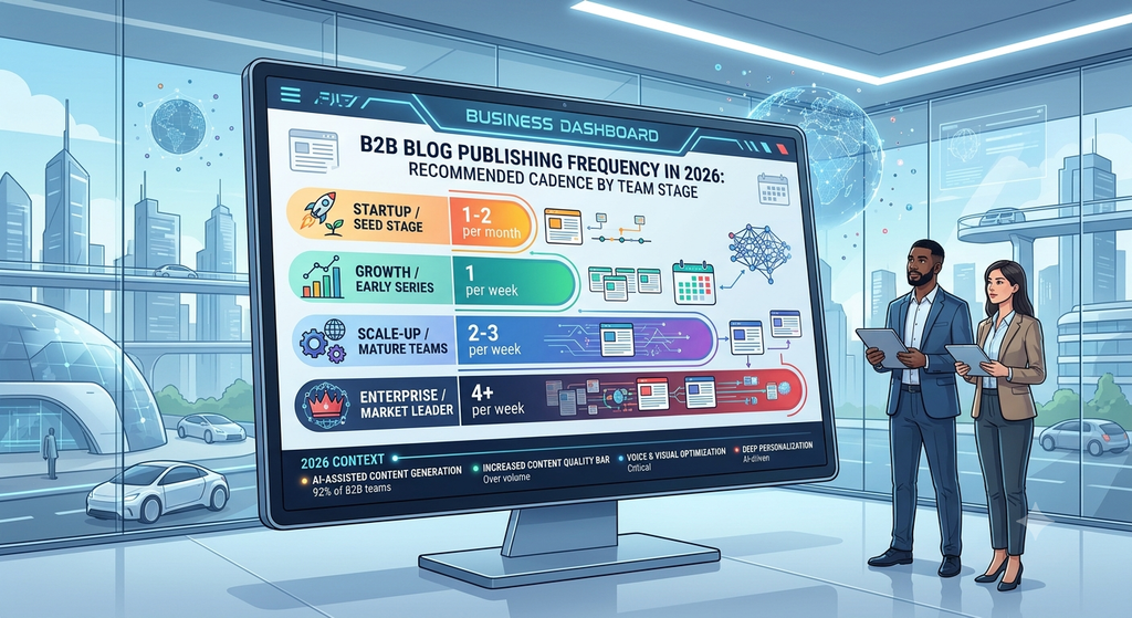 Chart answering how often should a B2B company publish blogs by team stage in 2026