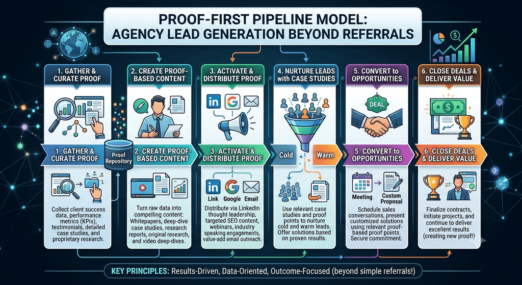 Proof-First Pipeline model for content agency lead generation beyond referrals