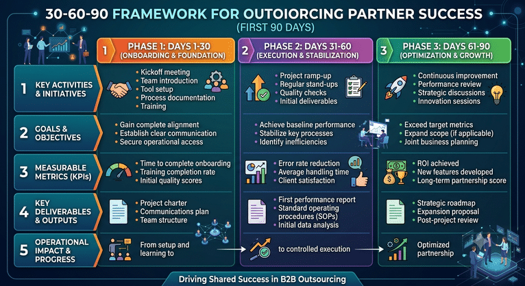 30-60-90 framework for tracking the first 90 days with an outsourcing partner