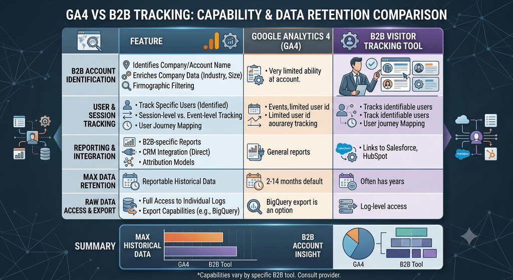 Comparison chart for GA4 vs B2B visitor tracking tool capabilities and data retention