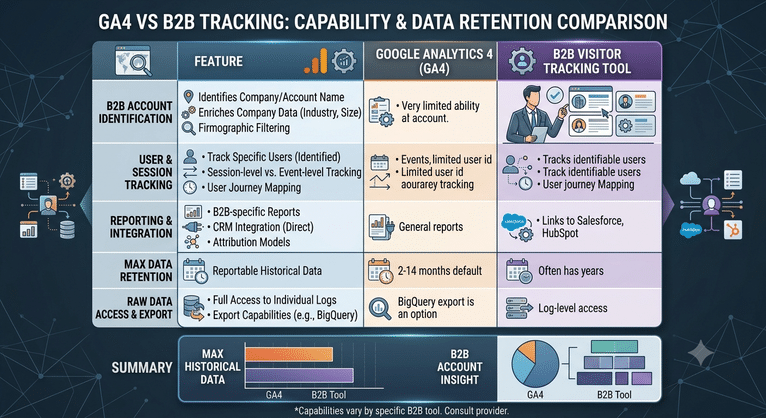 Comparison chart for GA4 vs B2B visitor tracking tool capabilities and data retention